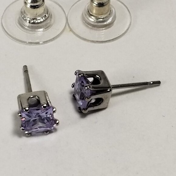 Lavender CZ Stud Earrings | Sterling Silver Overlay Princess Cut Crystal Jewelry - Picture 5 of 8